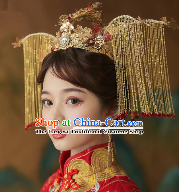 Chinese Ancient Palace Bride Golden Phoenix Coronet Tassel Hairpins Traditional Wedding Hair Accessories for Women