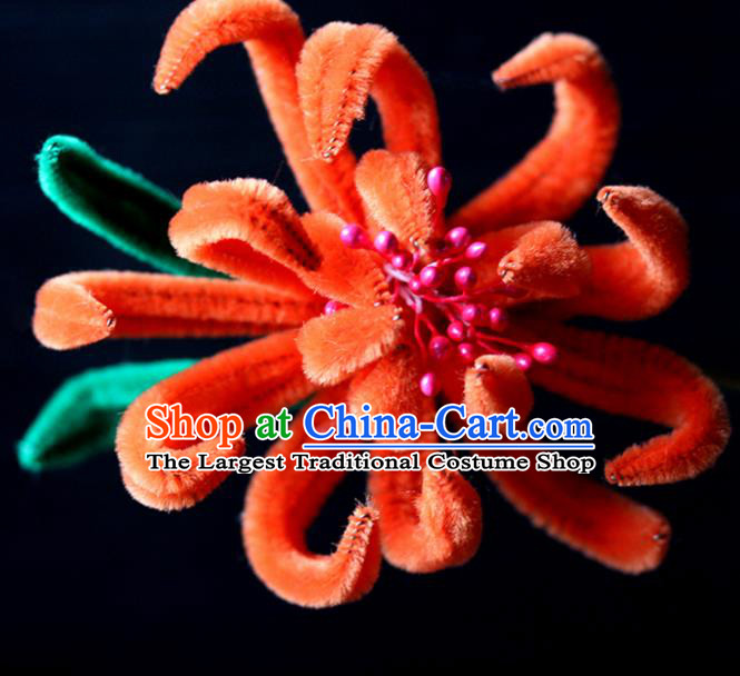 Chinese Traditional Palace Orange Velvet Flower Hairpins Ancient Wedding Hair Accessories for Women