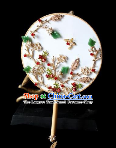 Chinese Handmade Classical Jade Leaf Palace Fans Wedding Bride Accessories Round Fan for Women