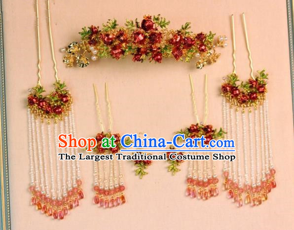Chinese Ancient Bride Pomegranate Phoenix Coronet Hairpins Traditional Hair Accessories Headdress for Women
