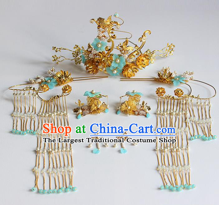 Chinese Ancient Bride Hairpins Blue Flowers Phoenix Coronet Traditional Hair Accessories Headdress for Women