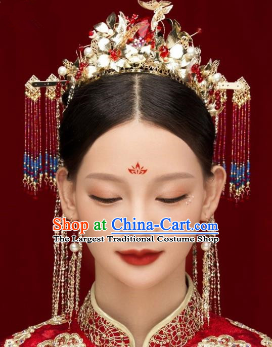 Chinese Ancient Bride Hairpins Red Crystal Tassel Phoenix Coronet Traditional Hair Accessories Headdress for Women