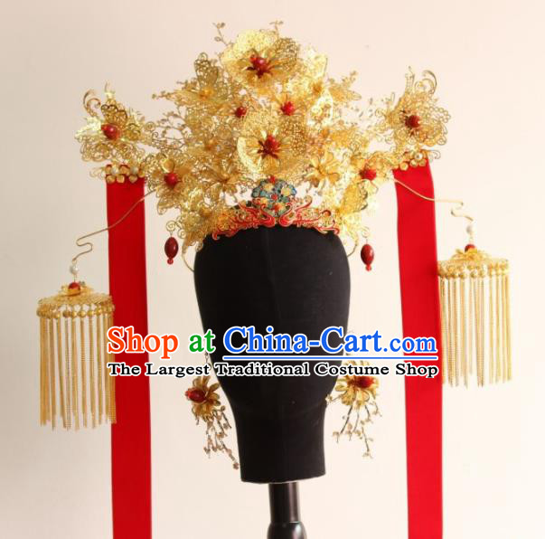 Top Grade Chinese Ancient Queen Hairpins Golden Tassel Phoenix Coronet Traditional Hair Accessories Headdress for Women