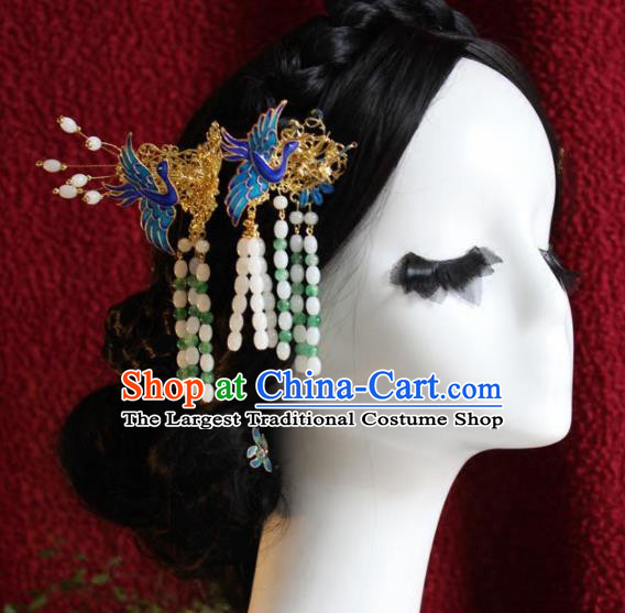 Top Grade Chinese Ancient Bride Wedding Blueing Cranes Hairpins Traditional Hair Accessories Headdress for Women