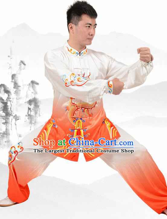 Chinese Traditional Tang Suit Embroidered Dragon Orange Costume Martial Arts Tai Ji Competition Clothing for Men