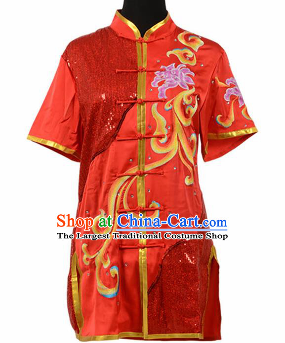 Chinese Traditional Tang Suit Embroidered Peony Red Costume Martial Arts Tai Ji Competition Clothing for Men
