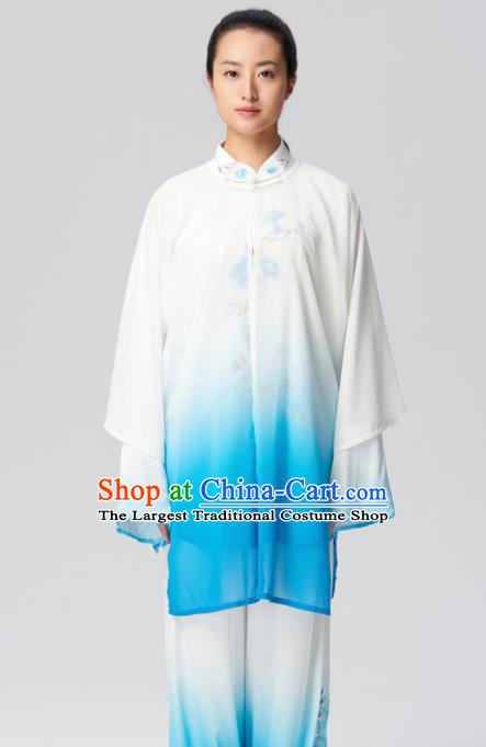 Chinese Traditional Kung Fu Tai Chi Group Embroidered Blue Costume Martial Arts Competition Clothing for Women