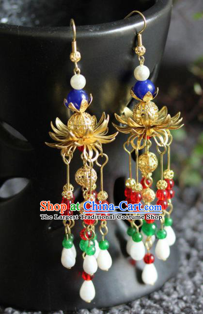 Chinese Handmade Hanfu Golden Lotus Earrings Traditional Ancient Palace Ear Accessories for Women