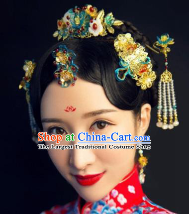 Handmade Chinese Ancient Hairpins Cloisonne Hair Comb Traditional Hair Accessories Headdress for Women