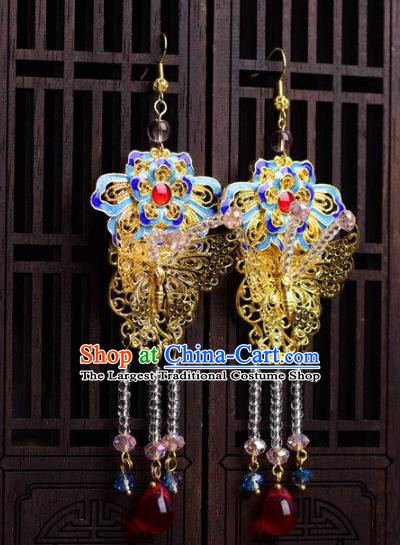 Chinese Handmade Hanfu Blueing Lotus Earrings Traditional Ancient Palace Ear Accessories for Women