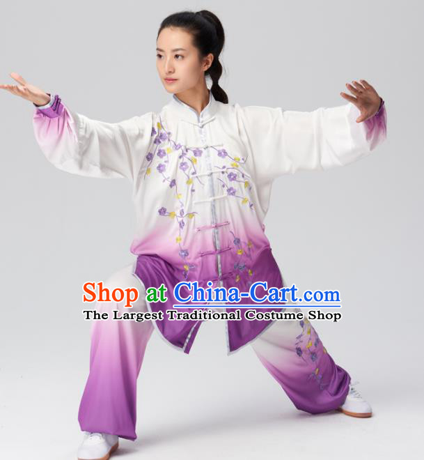 Chinese Traditional Kung Fu Tai Chi Group Embroidered Plum Blossom Purple Costume Martial Arts Competition Clothing for Women