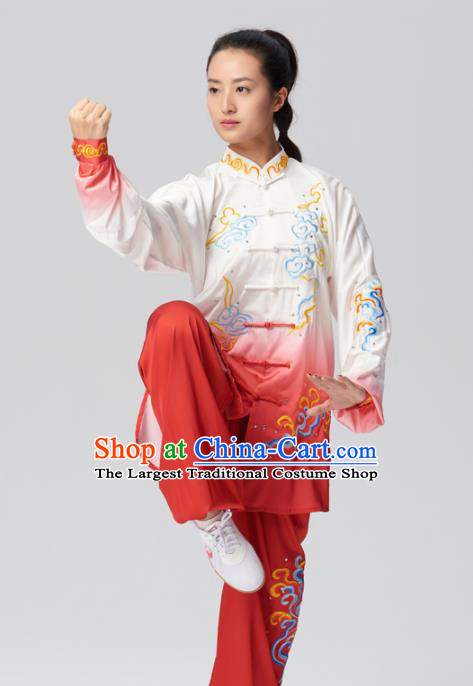 Chinese Traditional Tai Chi Group Embroidered Clouds Red Costume Martial Arts Kung Fu Competition Clothing for Women