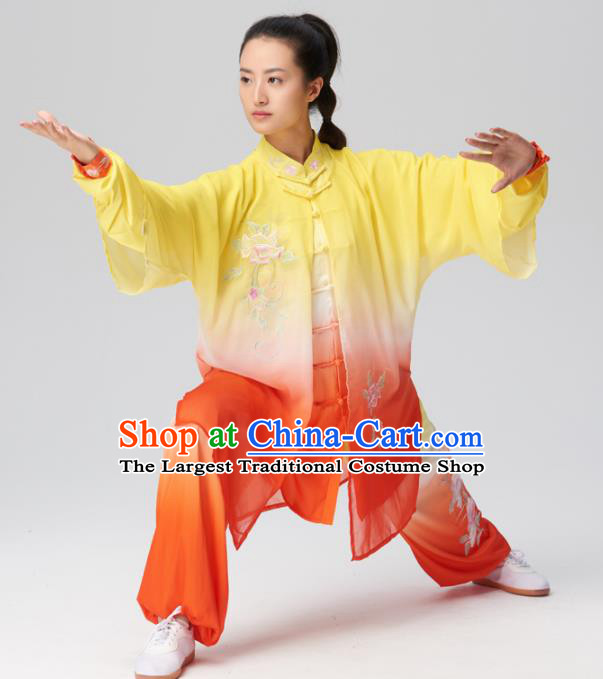 Chinese Traditional Tai Chi Group Embroidered Orange Silk Costume Martial Arts Kung Fu Competition Clothing for Women