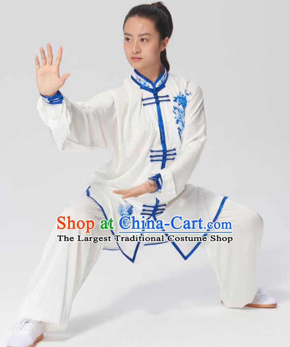 Chinese Traditional Tai Chi Group Printing Blue Peony Costume Martial Arts Kung Fu Competition Clothing for Women
