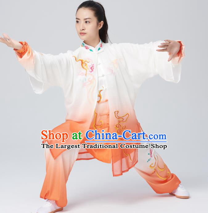 Chinese Traditional Tai Chi Group Embroidered Orange Costume Martial Arts Kung Fu Competition Green Silk Clothing for Women