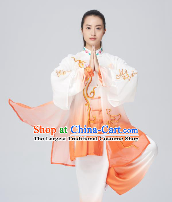 Chinese Traditional Tai Chi Group Embroidered Orange Costume Martial Arts Kung Fu Competition Green Silk Clothing for Women