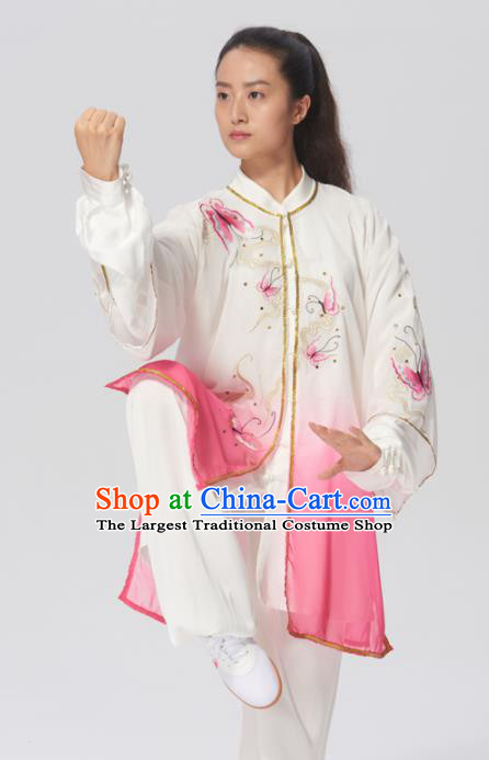 Chinese Traditional Tai Chi Group Embroidered Butterfly Pink Costume Martial Arts Kung Fu Competition Clothing for Women
