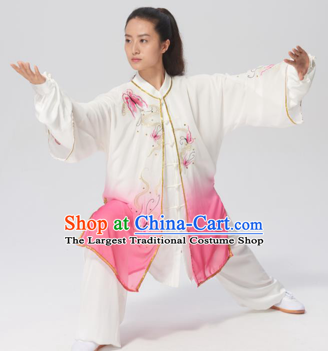 Chinese Traditional Tai Chi Group Embroidered Butterfly Pink Costume Martial Arts Kung Fu Competition Clothing for Women