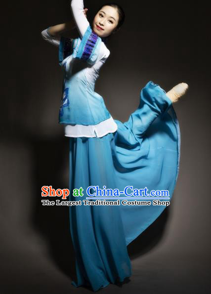 Chinese Traditional Classical Dance Costume Lotus Dance Blue Dress for Women