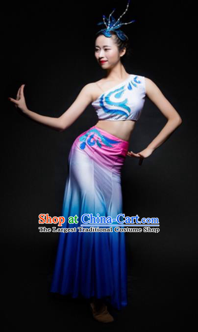 Chinese Traditional Dai Nationality Dance Costume Ethnic Peacock Dance Blue Dress for Women