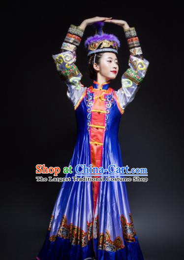 Chinese Traditional Mongol Nationality Dance Costume Mongolian Ethnic Dance Embroidery Blue Dress for Women