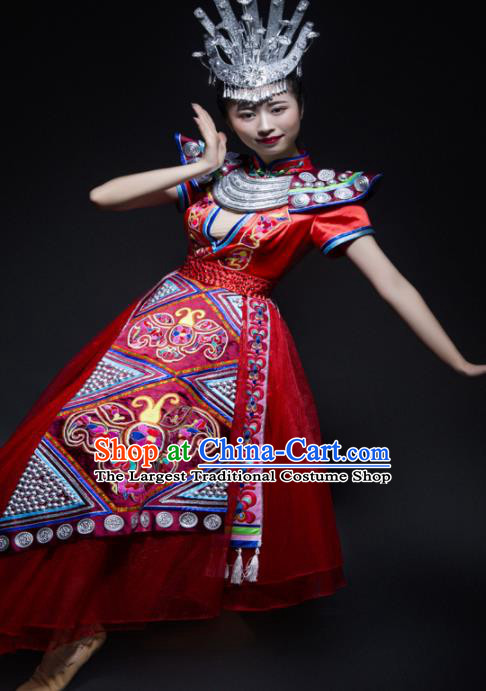 Chinese Traditional Miao Nationality Wedding Costume Ethnic Folk Dance Red Dress for Women