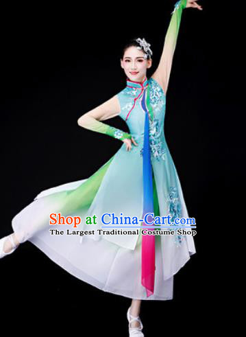 Chinese Traditional Classical Dance Blue Dress Umbrella Dance Stage Performance Costume for Women