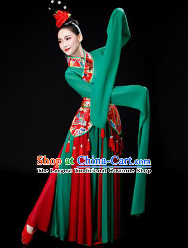 Chinese Traditional Classical Dance Water Sleeve Green Dress Umbrella Dance Stage Performance Costume for Women
