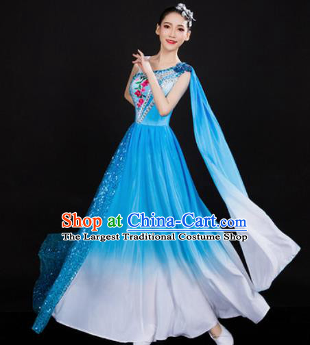 Chinese Traditional Spring Festival Gala Opening Dance Blue Dress Peony Dance Stage Performance Costume for Women