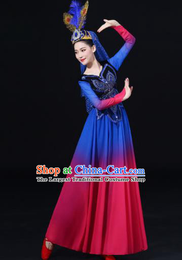 Traditional Chinese Uyghur Nationality Dance Rosy Dress Uigurian Folk Dance Ethnic Costume for Women