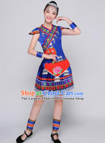 Traditional Chinese Miao Nationality Folk Dance Blue Dress Hmong National Ethnic Costume for Women