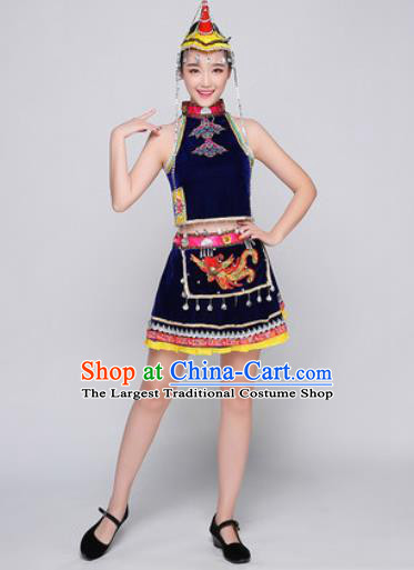 Traditional Chinese Miao Nationality Folk Dance Royal Blue Dress Hmong National Ethnic Costume for Women
