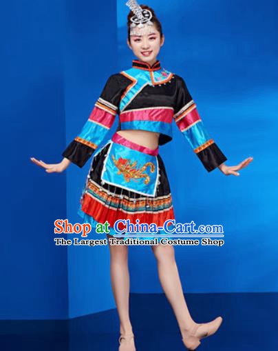 Traditional Chinese Zhuang Nationality Folk Dance Black Dress National Ethnic Dance Costume for Women