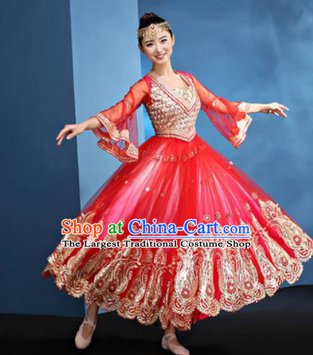 Chinese Traditional Opening Dance Rosy Bubble Dress Modern Dance Chorus Stage Performance Costume for Women
