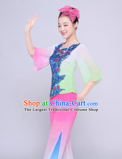 Chinese Traditional Folk Dance Fan Dance Pink Clothing Group Yangko Dance Costume for Women