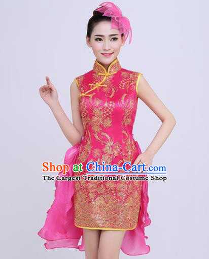 Chinese Traditional Chorus Opening Dance Rosy Qipao Dress Modern Dance Stage Performance Costume for Women