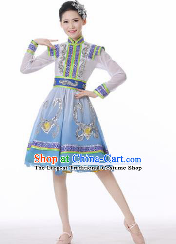 Traditional Chinese Mongol Nationality Folk Dance Blue Short Dress Mongolian National Ethnic Costume for Women