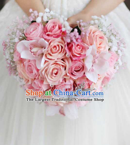 Top Grade Wedding Bridal Bouquet Hand Pink Roses Ball Tied Bouquet Flowers for Women