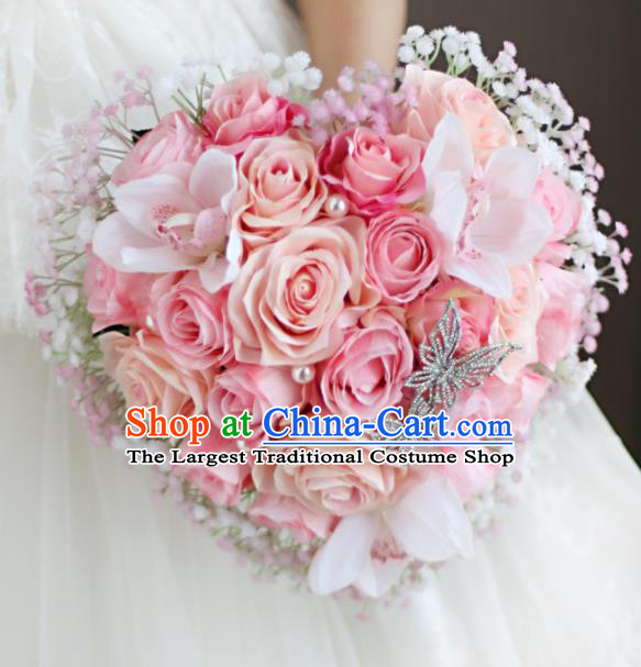 Top Grade Wedding Bridal Bouquet Hand Pink Roses Ball Tied Bouquet Flowers for Women