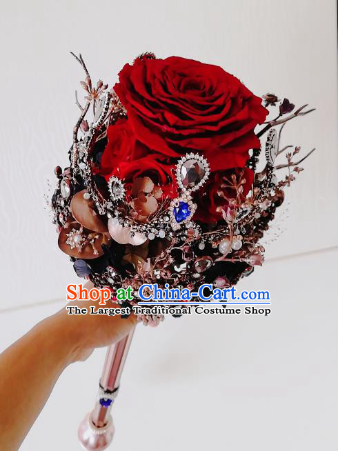 Chinese Traditional Wedding Bridal Bouquet Hand Red Rose Bunch Scepter for Women