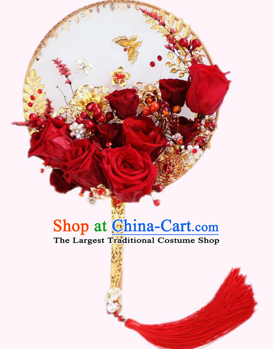 Chinese Traditional Wedding Round Fans Classical Bride Red Roses Palace Fan for Women