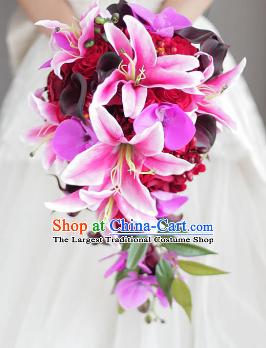 Top Grade Wedding Bridal Bouquet Hand Red Roses Lily Flowers Bunch for Women