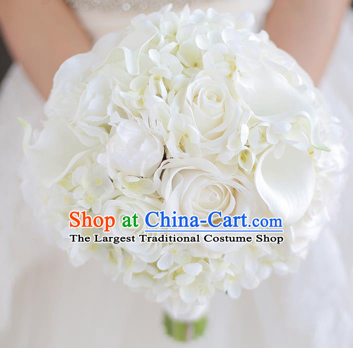 Top Grade Wedding Bridal Bouquet Hand White Rose Flowers Bunch for Women