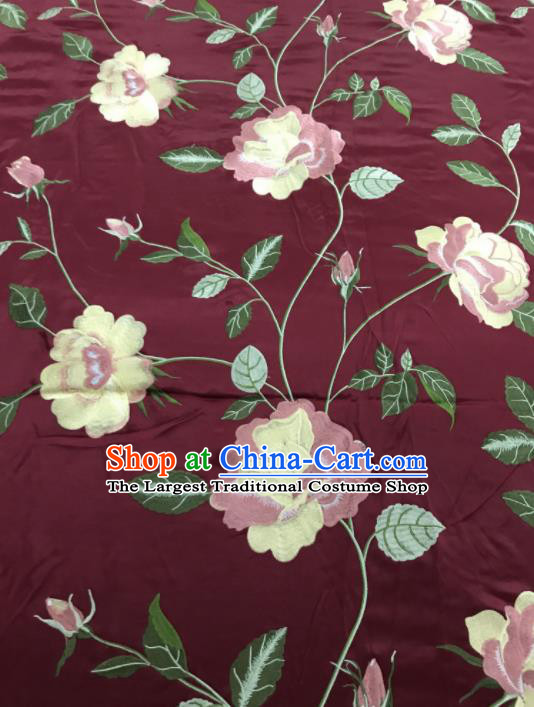 Asian Chinese Royal Embroidered Peony Pattern Wine Red Brocade Fabric Traditional Cheongsam Silk Fabric Material
