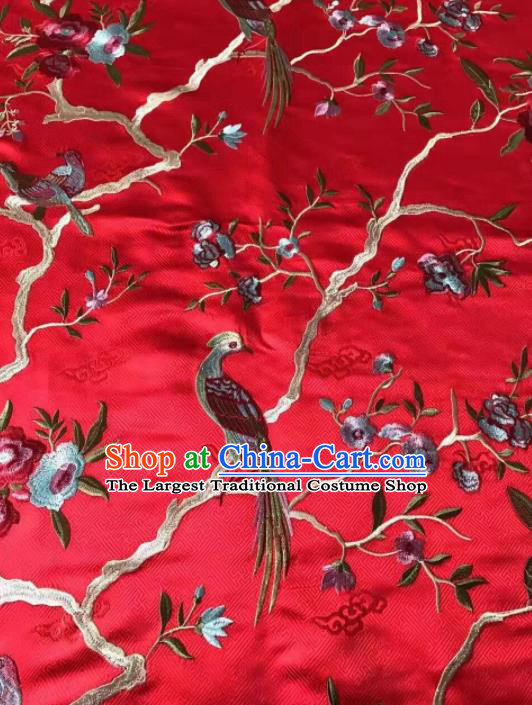 Asian Chinese Royal Embroidered Peony Birds Pattern Red Brocade Fabric Traditional Cheongsam Silk Fabric Material
