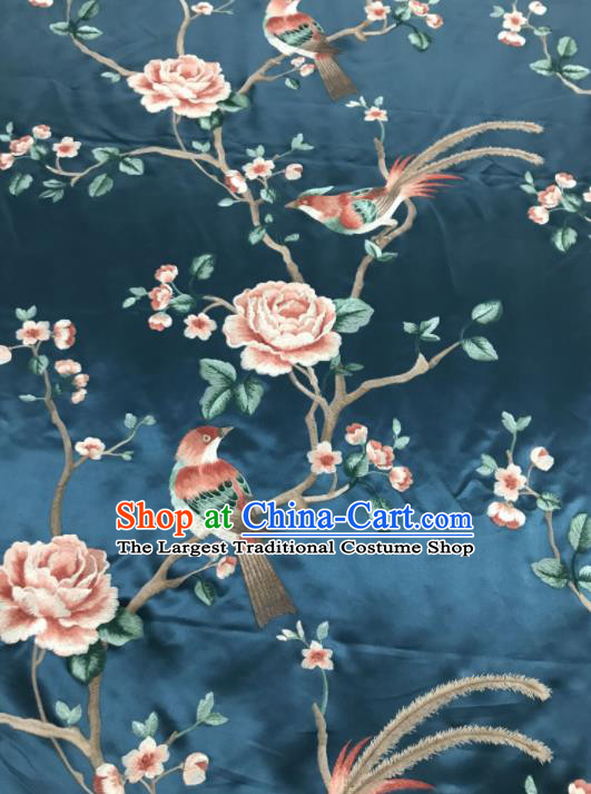 Asian Chinese Royal Embroidered Peony Birds Pattern Navy Brocade Fabric Traditional Cheongsam Silk Fabric Material