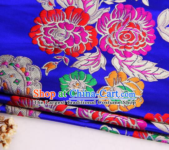 Asian Chinese Traditional Peony Flowers Pattern Royalblue Satin Nanjing Brocade Fabric Tang Suit Silk Material