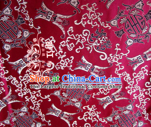Asian Chinese Traditional Royal Longevity Pattern Wine Red Satin Nanjing Brocade Fabric Tang Suit Silk Material
