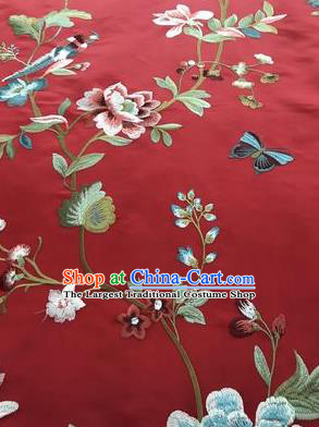 Asian Chinese Suzhou Embroidered Flowers Birds Pattern Red Silk Fabric Material Traditional Cheongsam Brocade Fabric