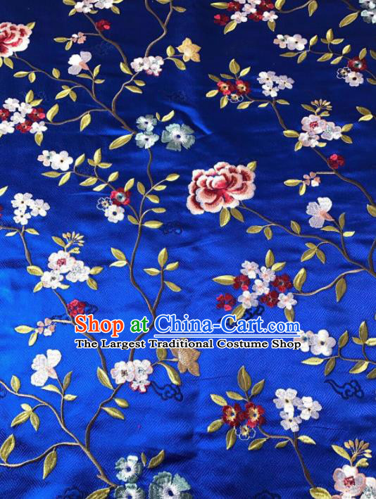 Asian Chinese Suzhou Embroidered Flowers Pattern Royalblue Silk Fabric Material Traditional Cheongsam Brocade Fabric